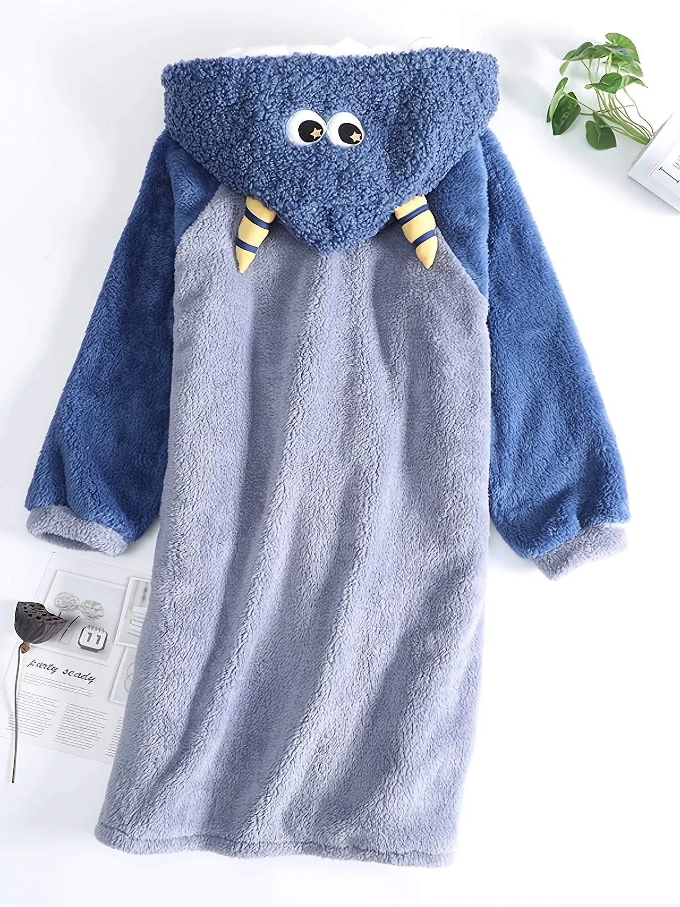 Women's Cartoon Fuzzy Hooded Night Robe - Soft, Long Sleeve, Cute Buttons, Two Pockets, Cozy Sleepwear for Relaxation