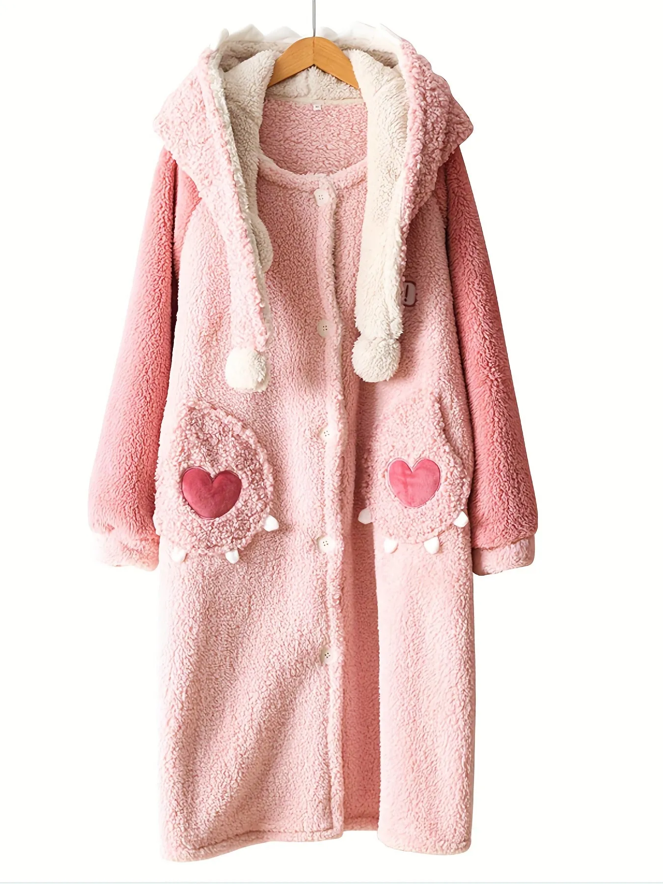 Women's Cartoon Fuzzy Hooded Night Robe - Soft, Long Sleeve, Cute Buttons, Two Pockets, Cozy Sleepwear for Relaxation