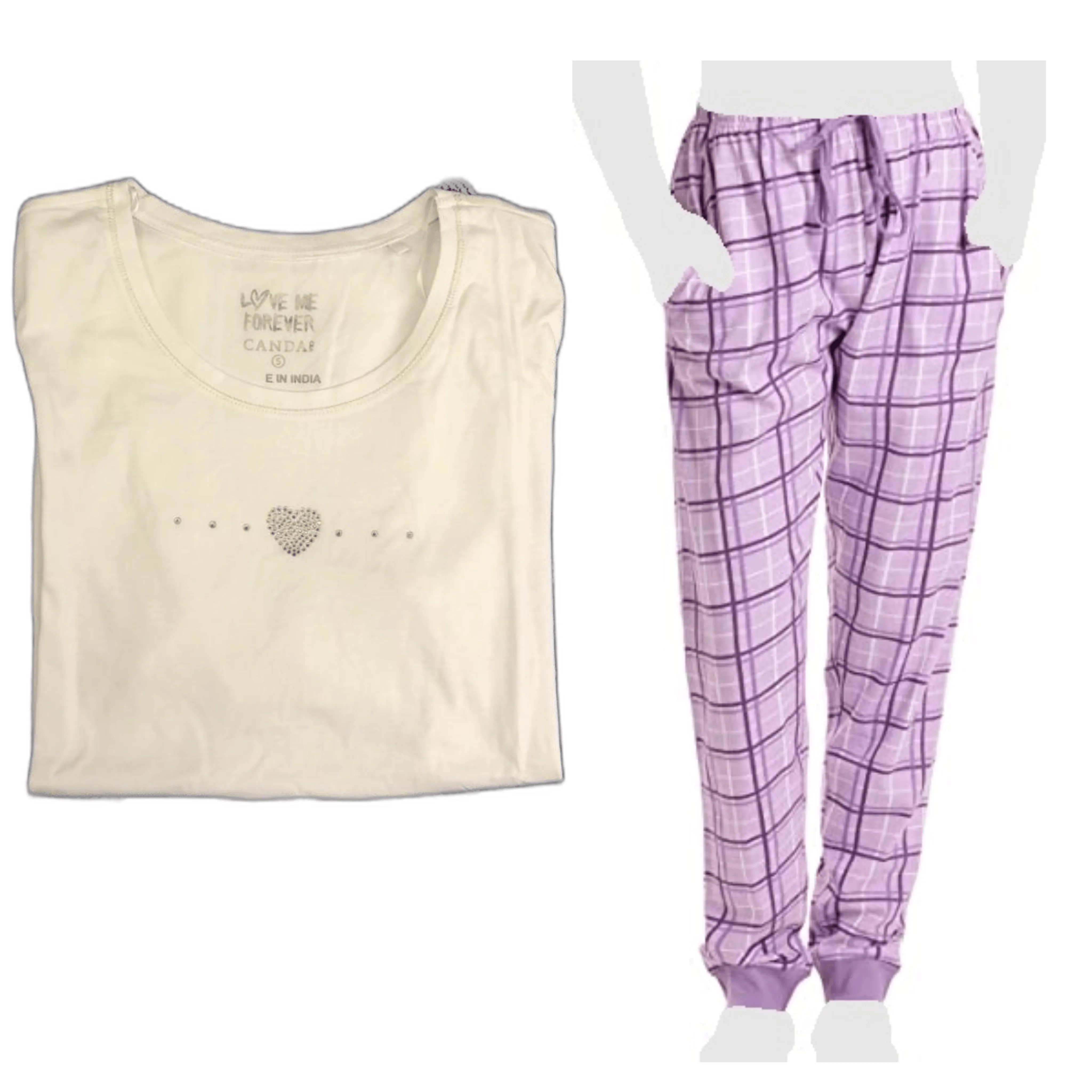 Women's Cozy Pajama Set Purple Plaid Pants and Cotton Soft Heart T shirt by Just Love