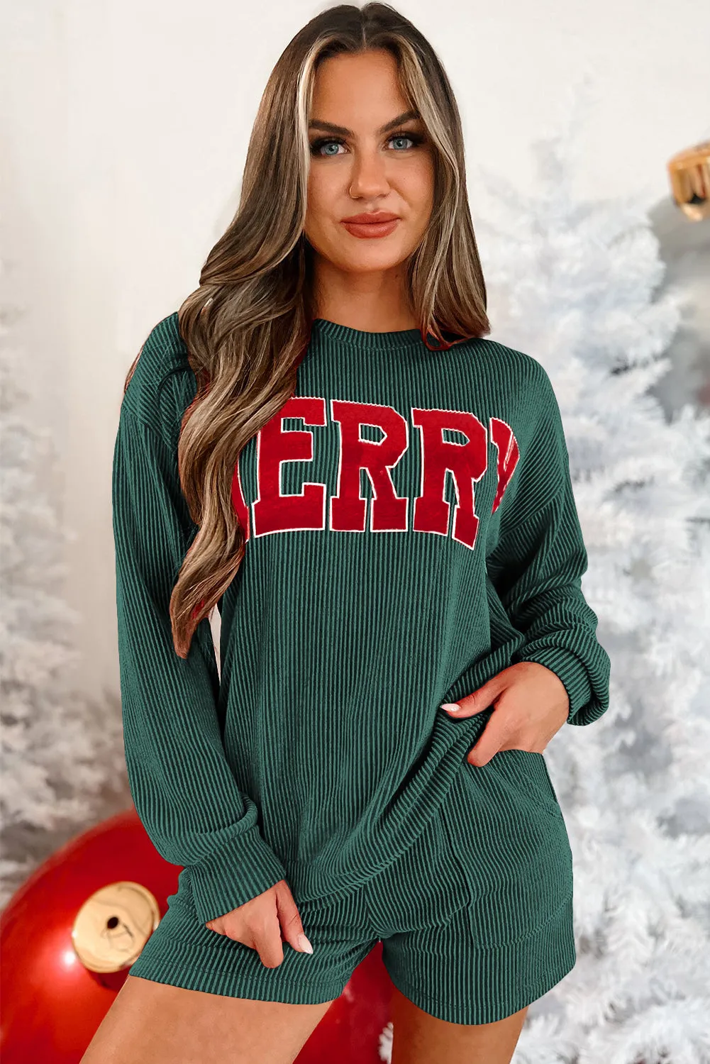 Womens Festive Merry Ribbed Pullover and Shorts Cozy Holiday Lounge Set