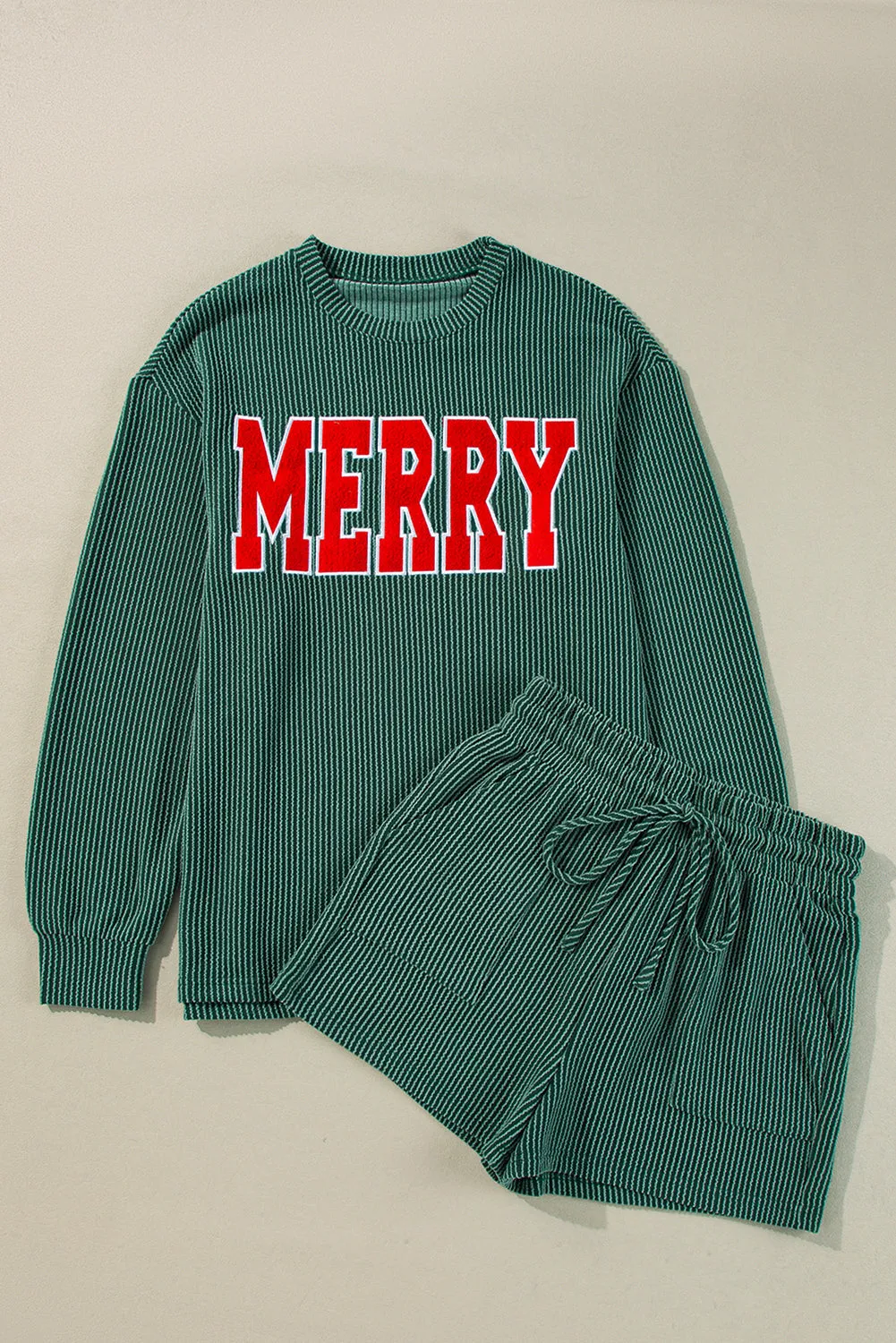 Womens Festive Merry Ribbed Pullover and Shorts Cozy Holiday Lounge Set