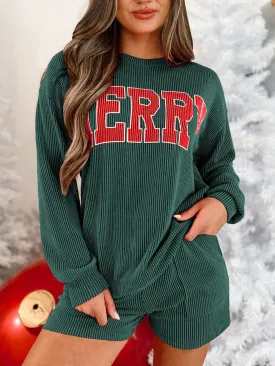 Womens Festive Merry Ribbed Pullover and Shorts Cozy Holiday Lounge Set