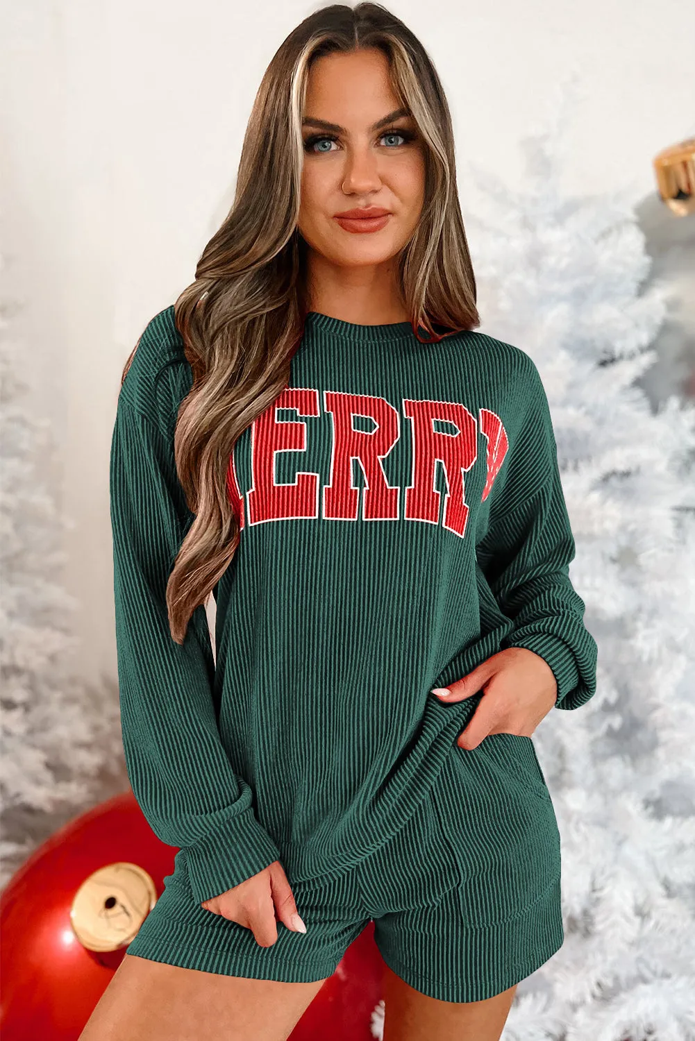 Womens Festive Merry Ribbed Pullover and Shorts Cozy Holiday Lounge Set