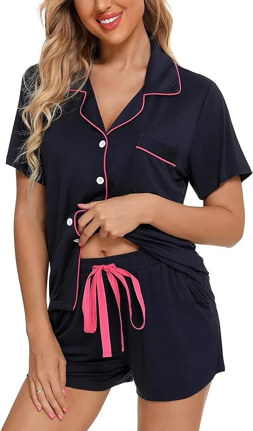 Women's navy Blue Pajama Set with Pink Trim