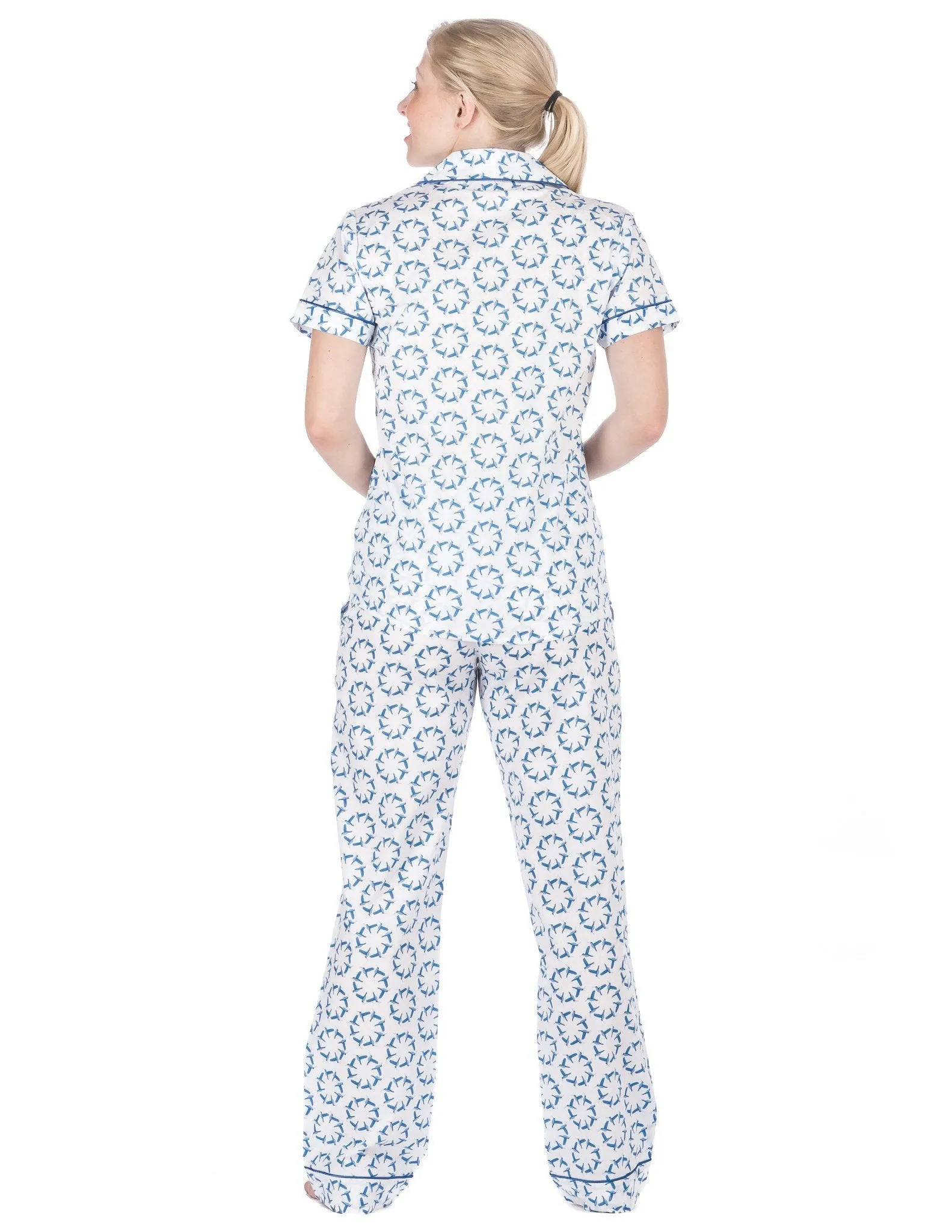 Women's Premium 100% Cotton Poplin Short Sleeve Pajama Set - Humming Wheels - White/Blue