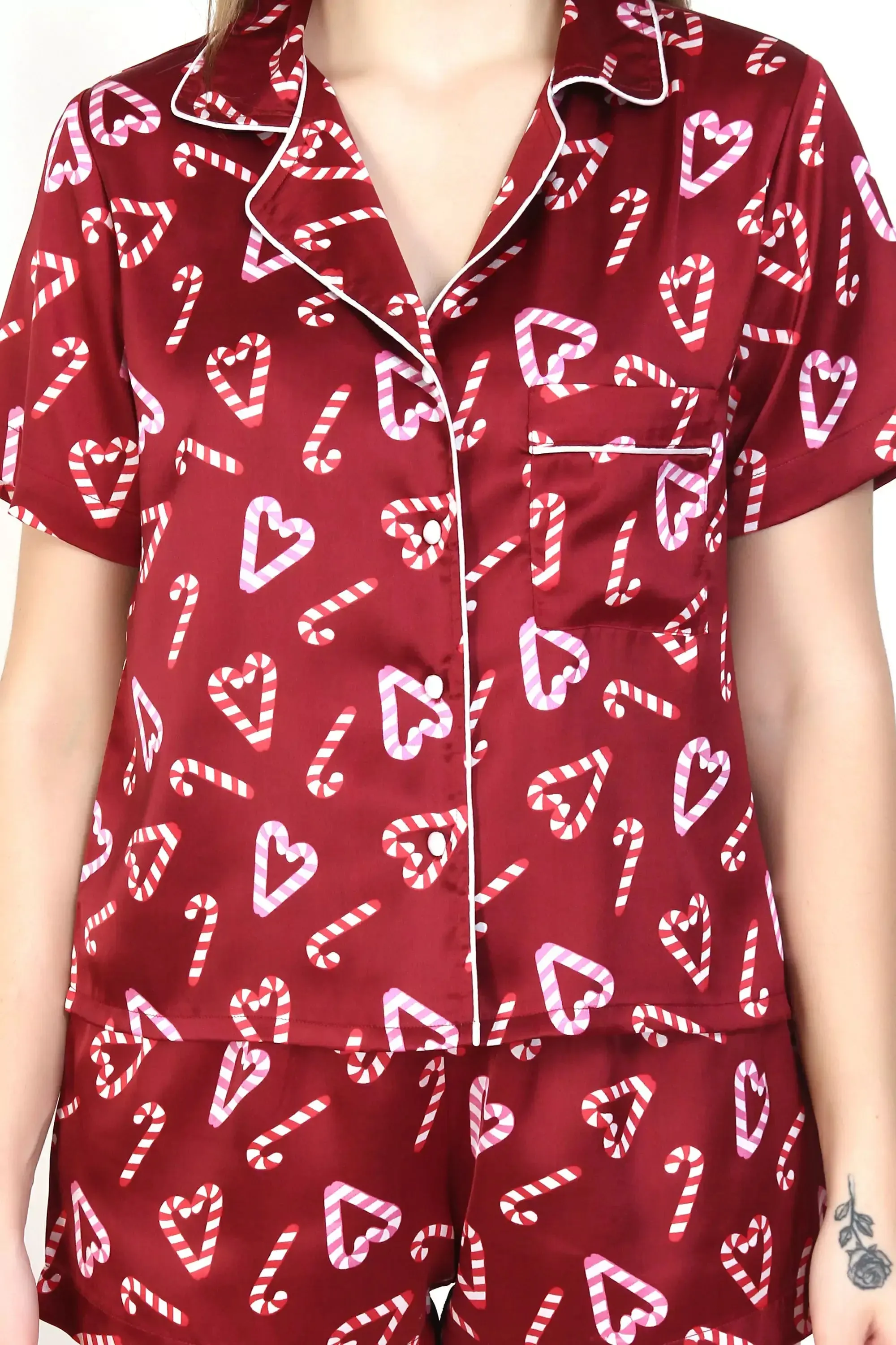 Women's Satin Heart Print Short Sleeve Button Down Flamingo Pajamas Shorts Set