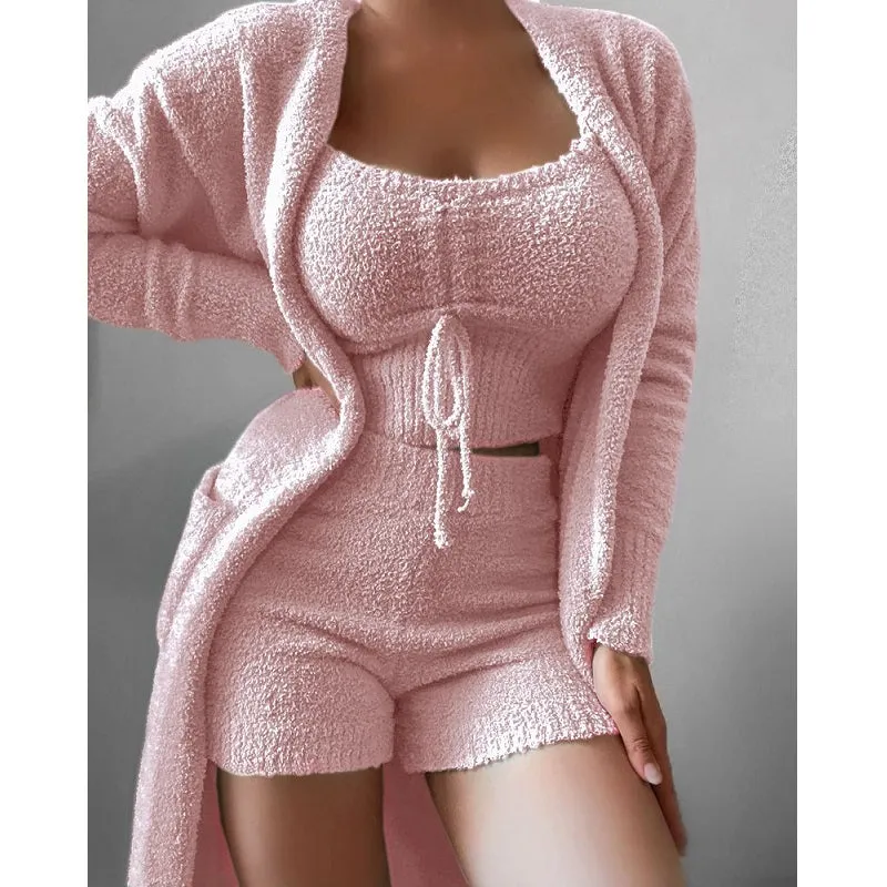 Womens Sexy Fuzzy Pajamas Open Front Cardigan Tank Top Shorts 3Pcs Set