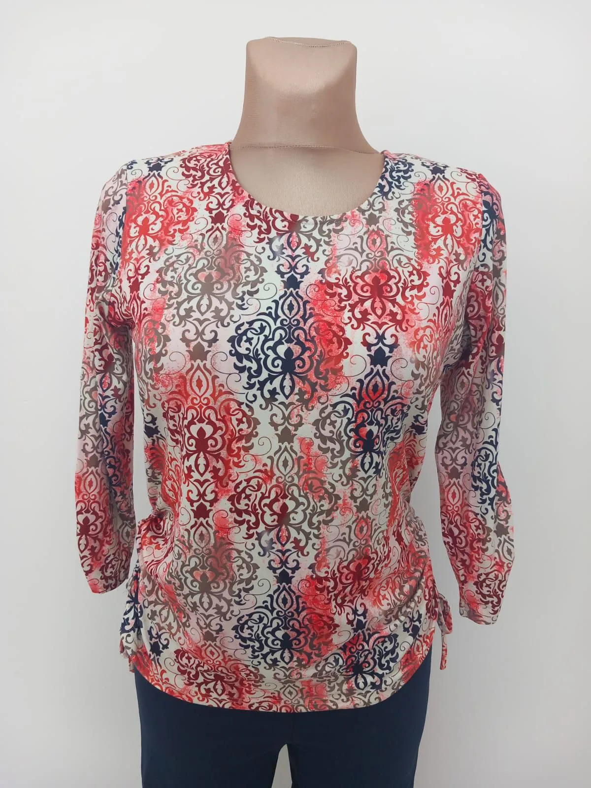 Yew Round neck top with Side tie detail orange print