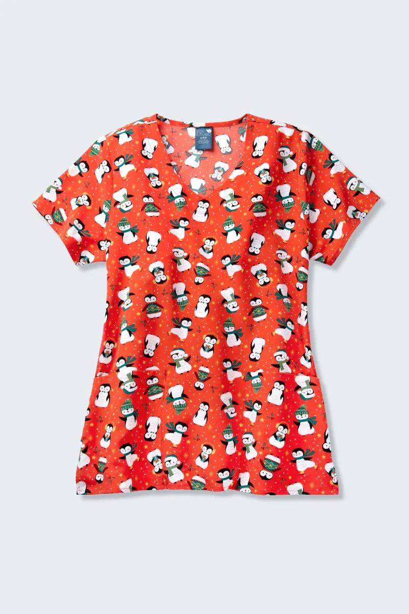 Z12213 Waddle Wish Women's Christmas Print Scrub Top