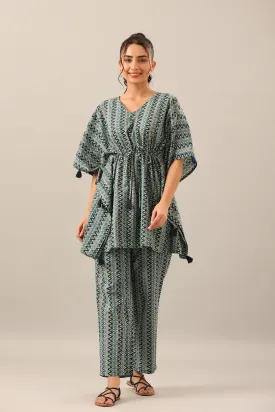 Zigzag on Green cotton Kaftan Pajama Set